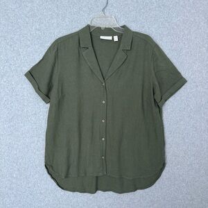 Susan Graver Pure Linen Blend Regular Button Front Shirt Green Large Petite